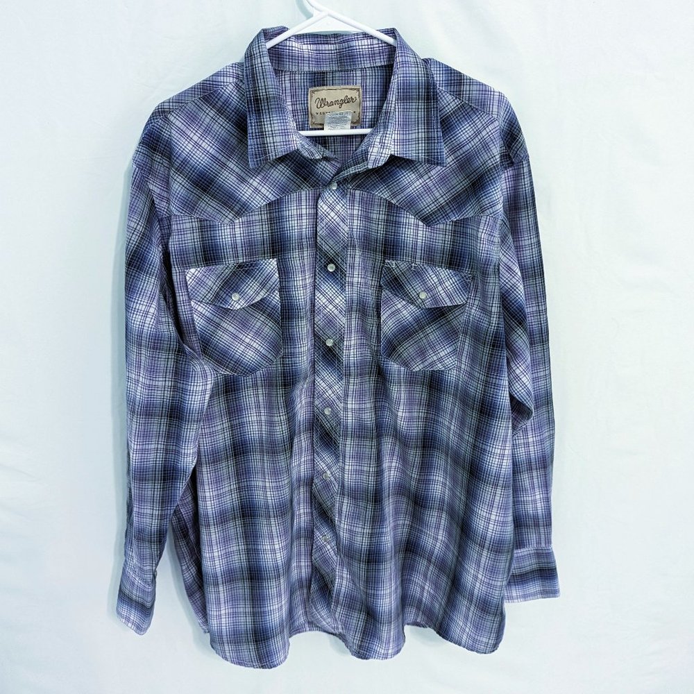 Wrangler Mens Western Casual Plaid Button Up Shirt Plaid Blue Cotton Blend 2XL